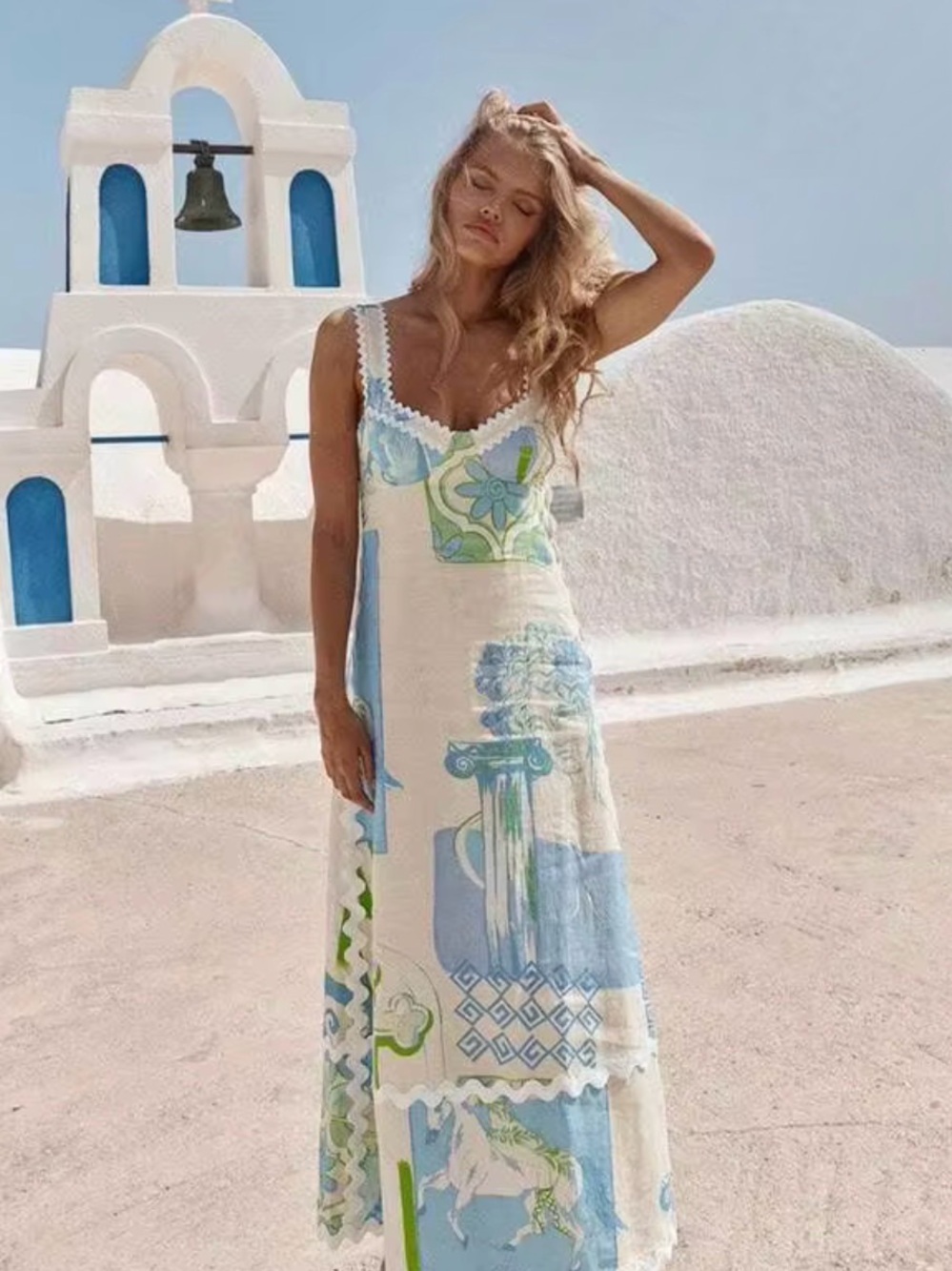 Boho Maxi Slip Dress with Blue & Green Greece Print